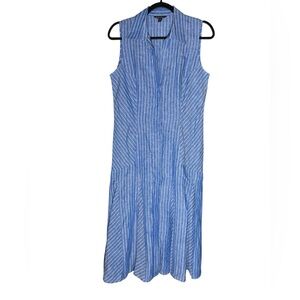 Brooks Brothers Linen Midi Dress Size 6 Blue Sleeveless Stripes Button Preppy